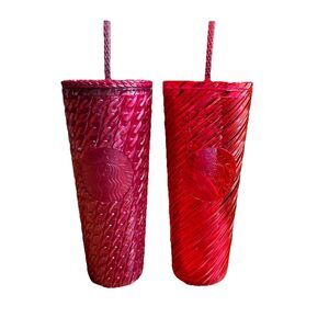BUNDLE Starbucks Chained Burgundy and Red Cold Cup Venti w/Straw, 24 oz., NEW